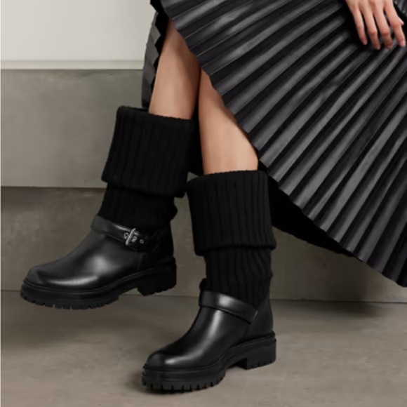 Gianvito Rossi Thurso Knit Collar Moto Combat Leather Boots - Picture 6 of 16
